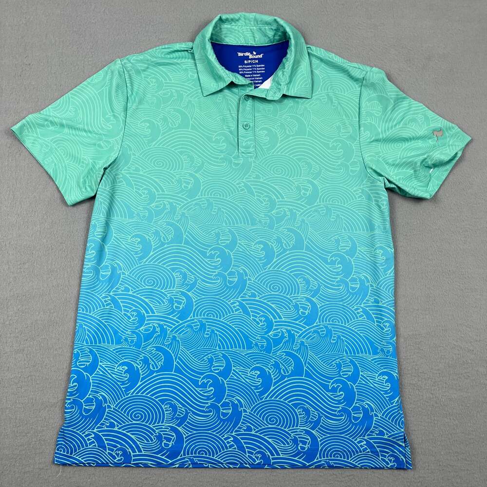 Birdie Bound Golf Polo Shirt Ombre Teal Blue Wave Print Short Sleeve Men's S